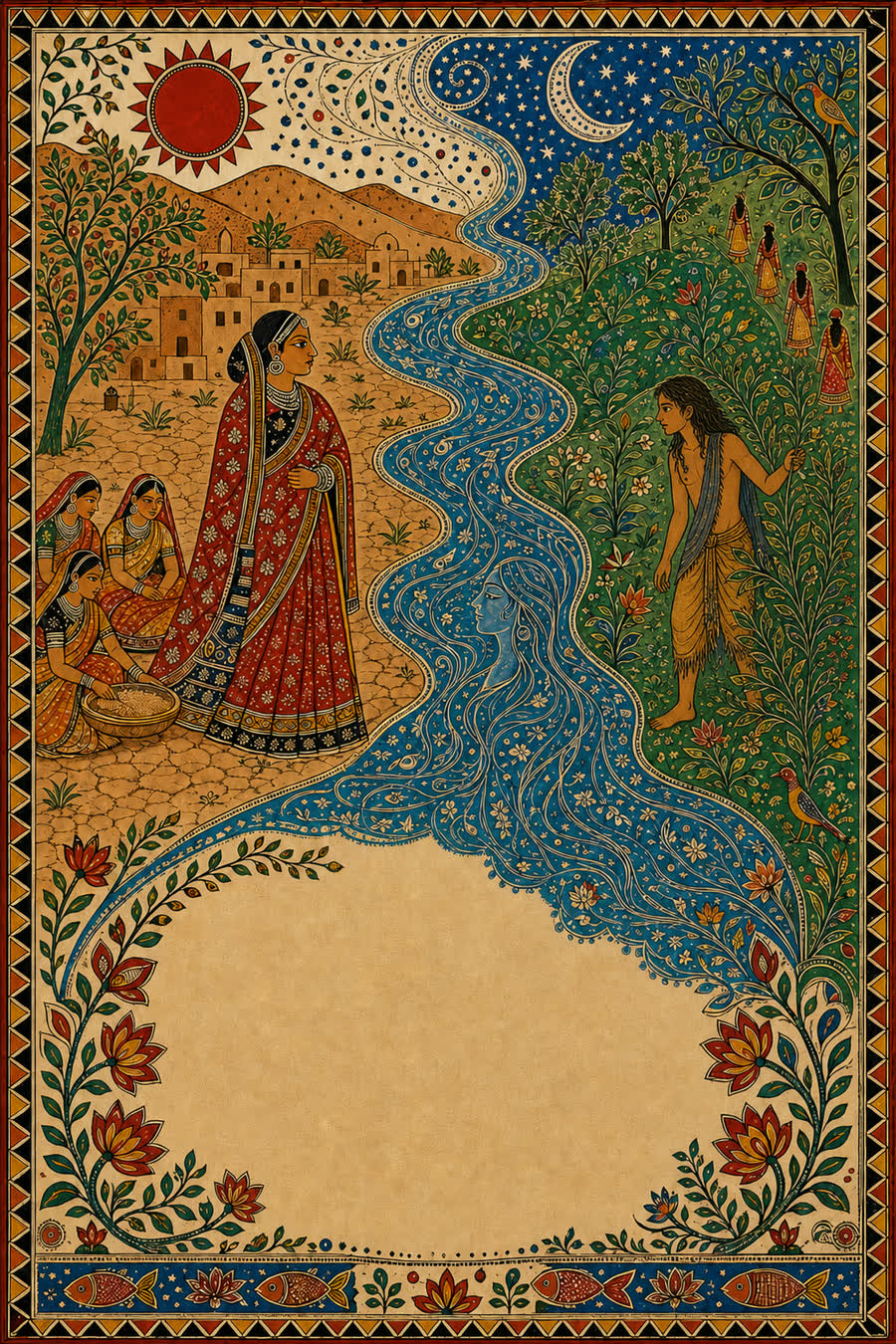 SANGAM artwork: a Madhubani painting of a river dividing a dry village from a green forest, a queen on one bank and a boy on the other.